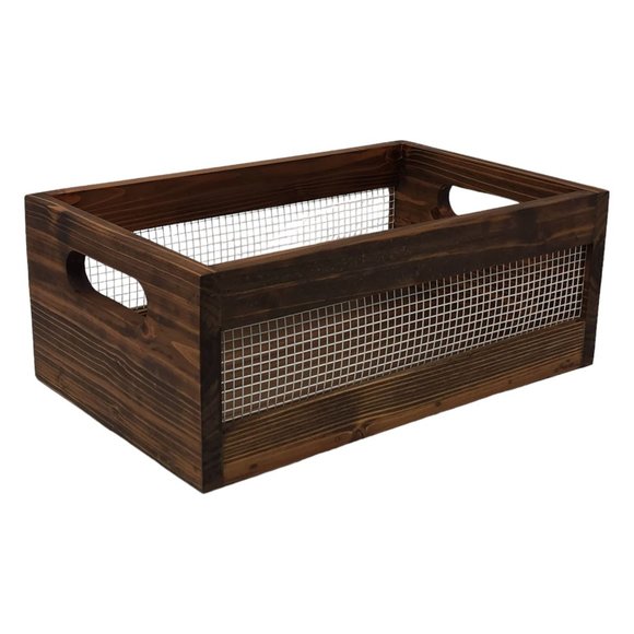 Rustic Wood Basket Crate Storage Metal & Solid Wood Organizer Decorations Sturdy - Picture 5 of 7
